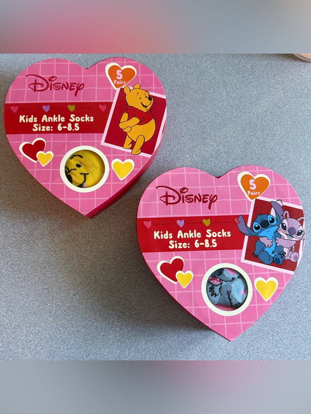 Disney Kids Heart Box Ankle Socks - Lilo/Stitch and Winnie the Pooh